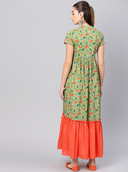 Women's  Green & Orange Floral Printed Maxi Dress