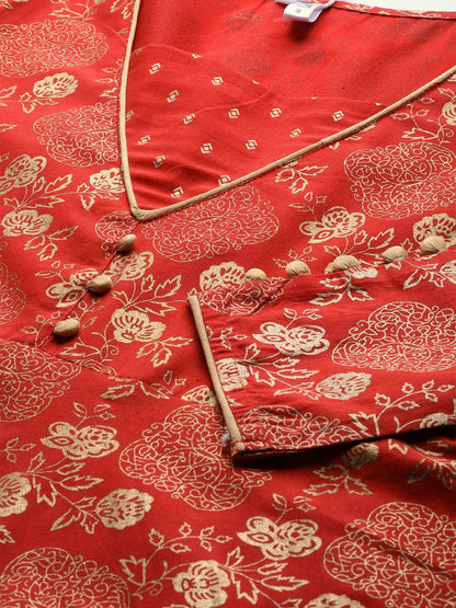 Women's  Red & Golden Printed Maxi Dress
