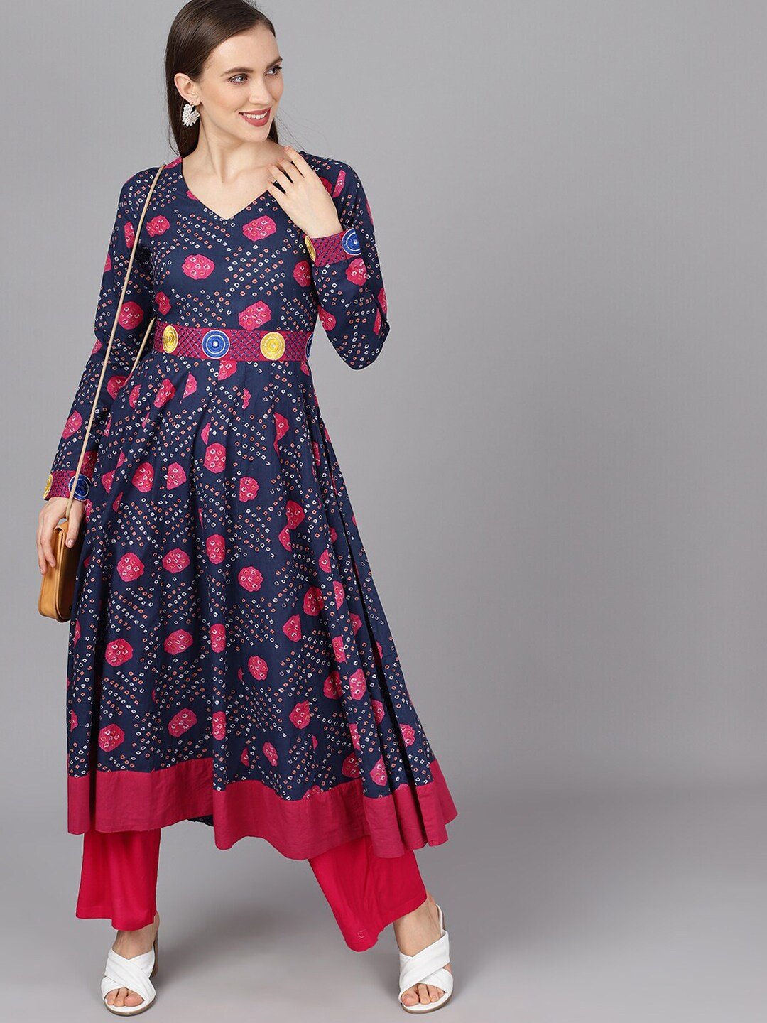 Women's  Navy Blue & Magenta Bandhani Printed Anarkali Kurta