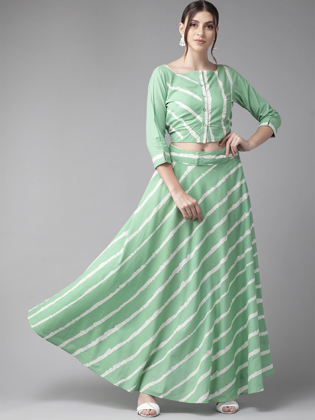 Women's  Green & White Striped Two-Piece Maxi Dress