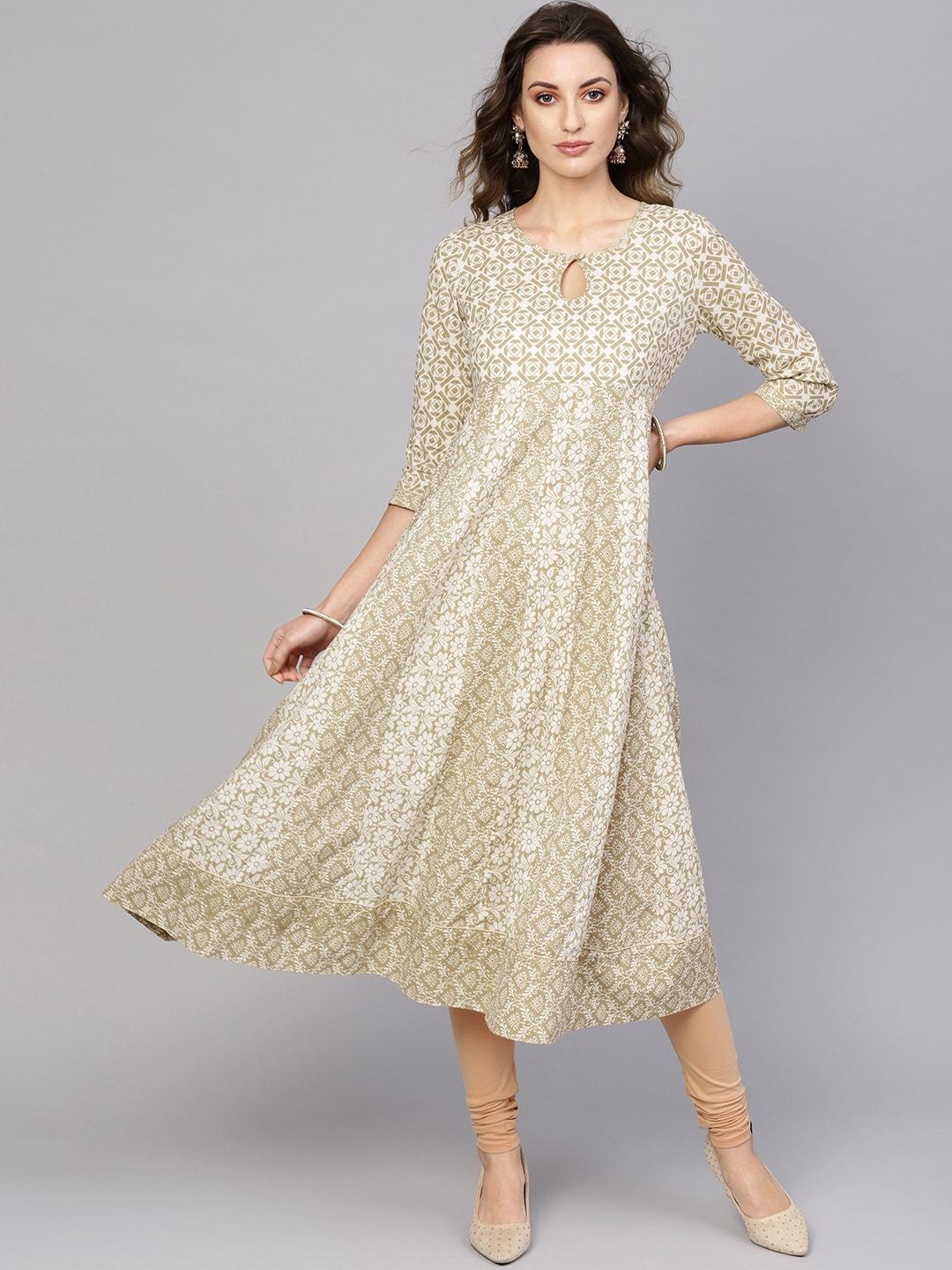 Women's  Off-White & Beige Printed Anarkali Kurta
