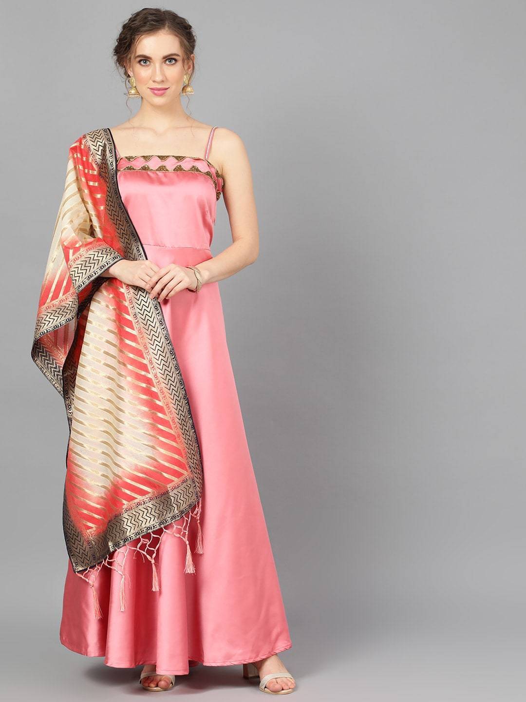 Women's  Pink Printed Maxi Dress With Dupatta