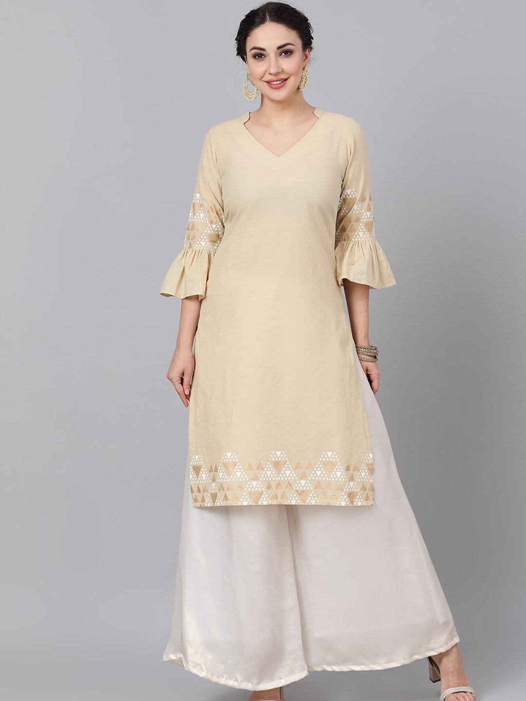 Women's  Beige Printed Straight Kurta