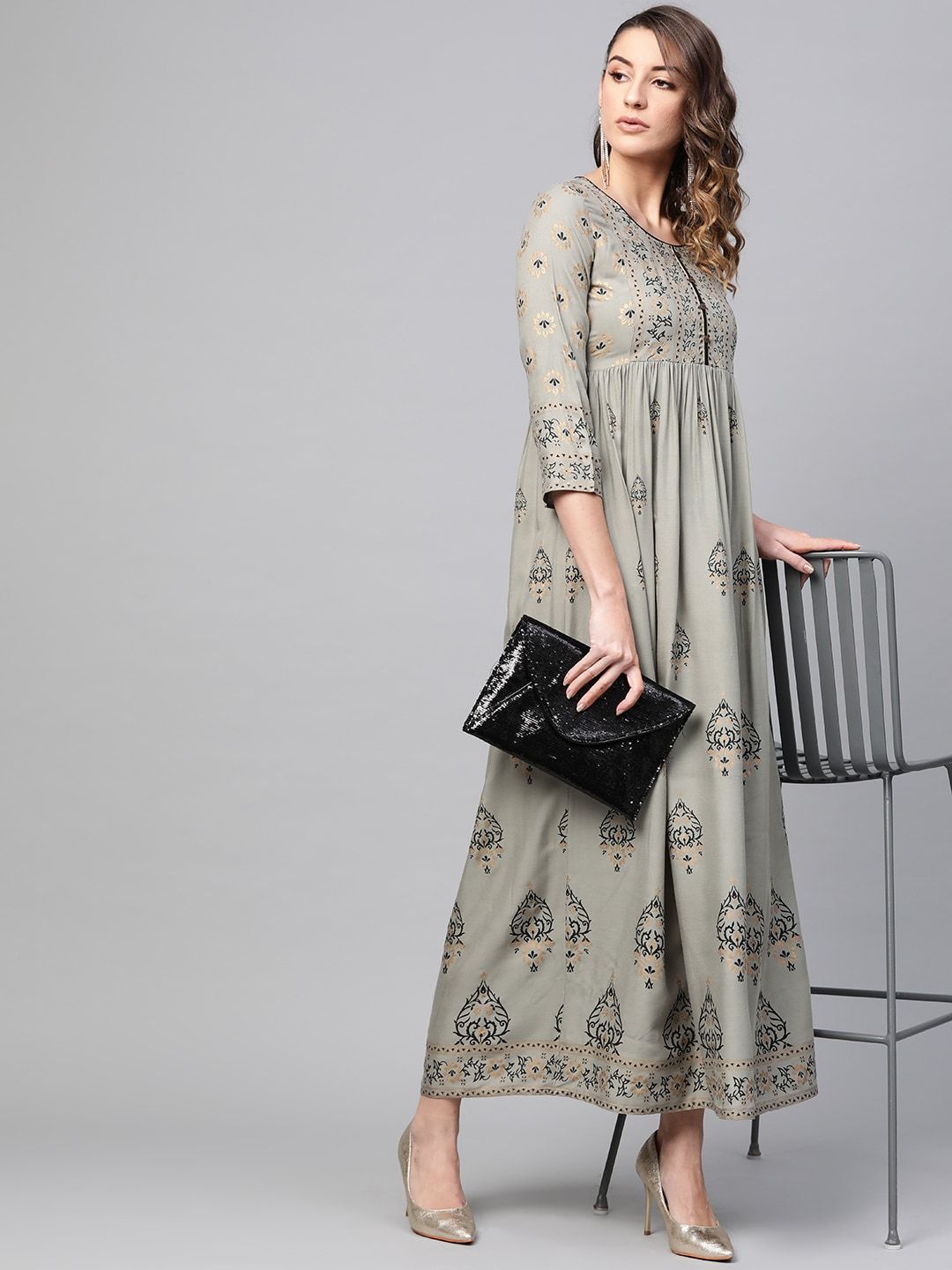 Women's  Grey & Black Block Printed Maxi Dress
