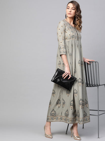 Women's  Grey & Black Block Printed Maxi Dress