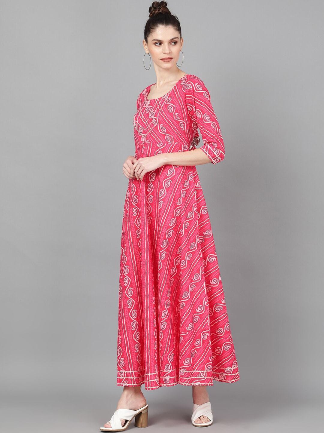 Women's  Pink Bandhani Printed Maxi Dress