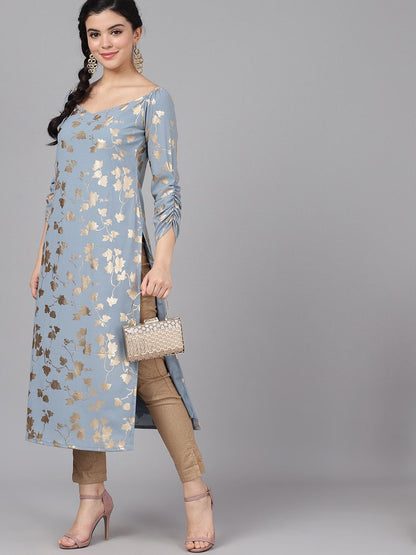 Women's  Grey & Gold-Toned Foil Printed Straight Kurta