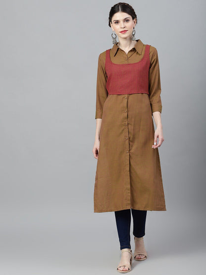 Women's  Olive Green & Maroon Colourblocked Anarkali Kurta