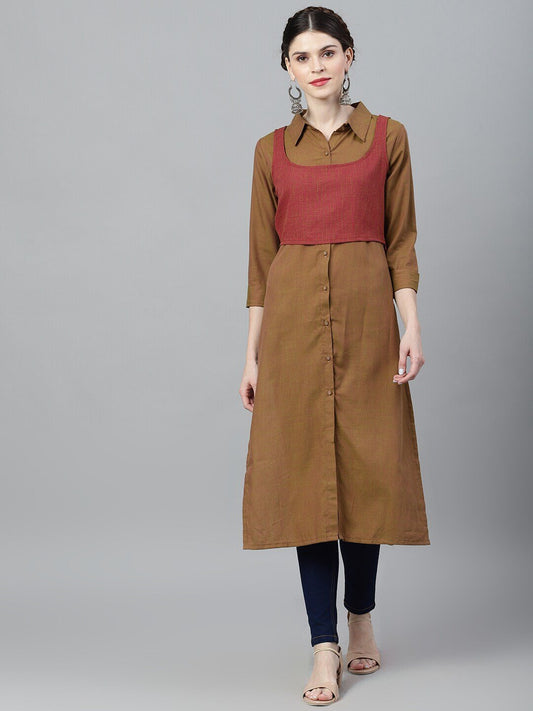 Women's  Olive Green & Maroon Colourblocked Anarkali Kurta