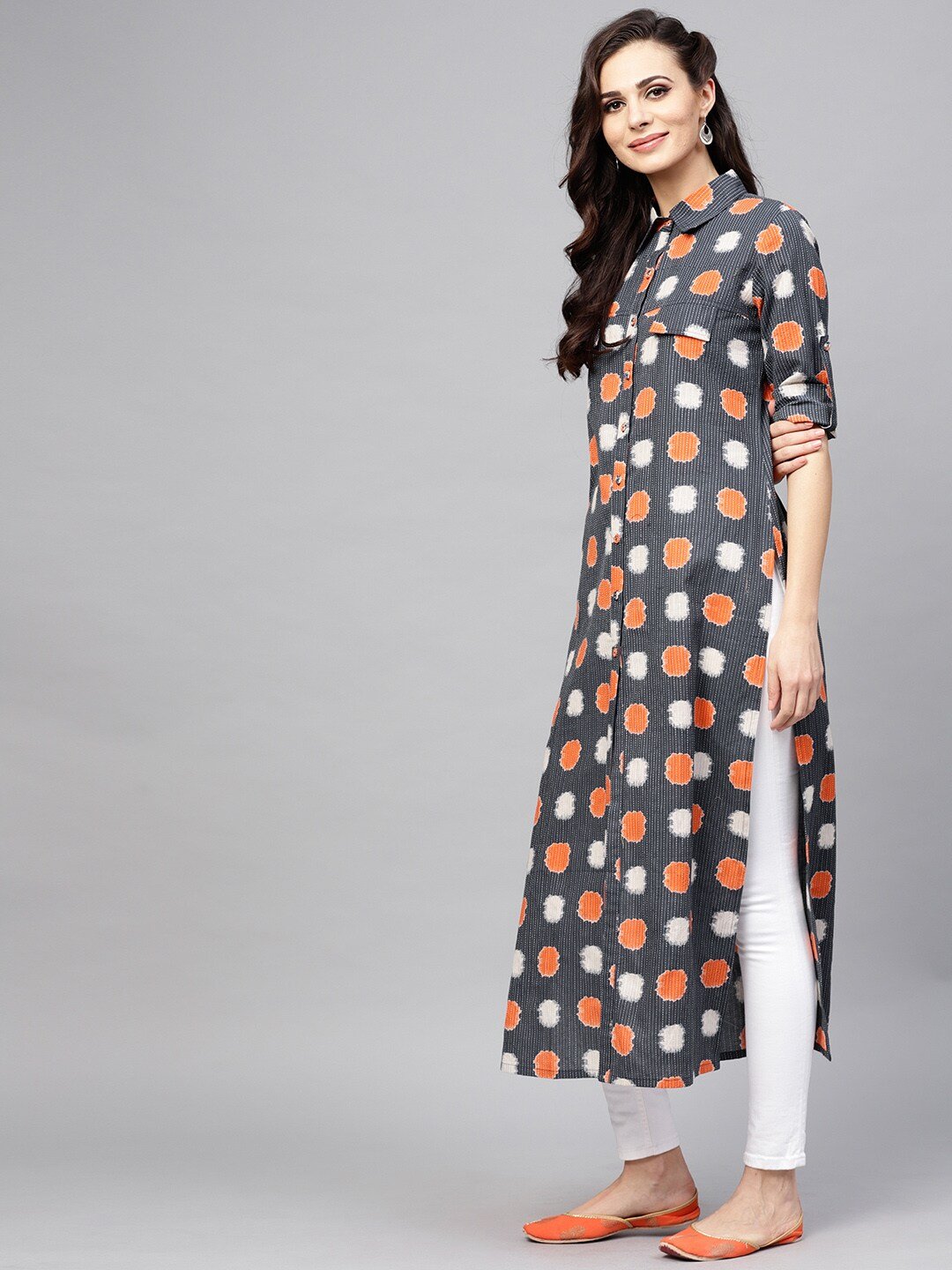 Women's  Navy Blue & Orange Printed Straight Kurta