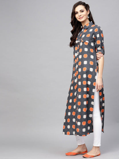 Women's  Navy Blue & Orange Printed Straight Kurta