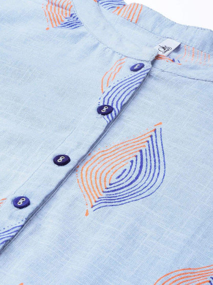 Women's  Blue & Orange Printed Straight Kurta