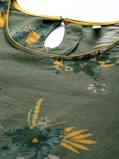 Women's  Olive Green & Mustard Yellow Floral Printed Straight Kurta