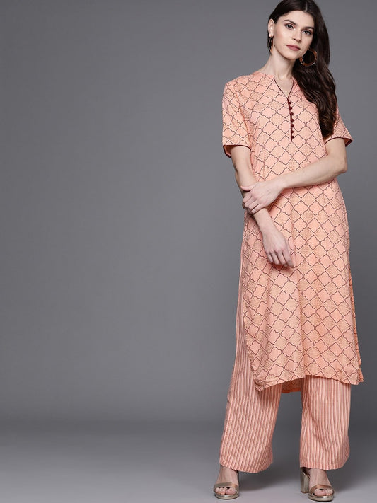 Women's  Peach-Coloured & Golden Printed Kurta with Palazzos