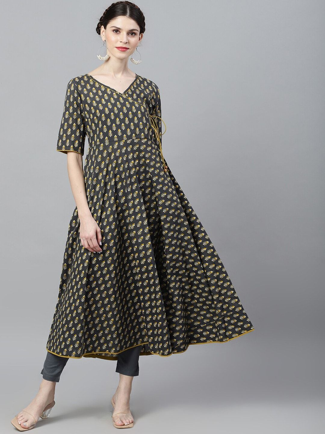 Women's  Grey & Mustard Printed Anarkali Kurta