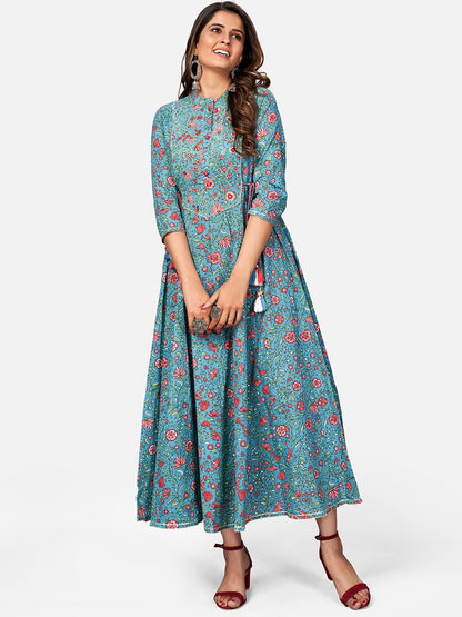 Women's Printed & Embroidered Anarkali Cotton Turquoise Kurta (1Pc)