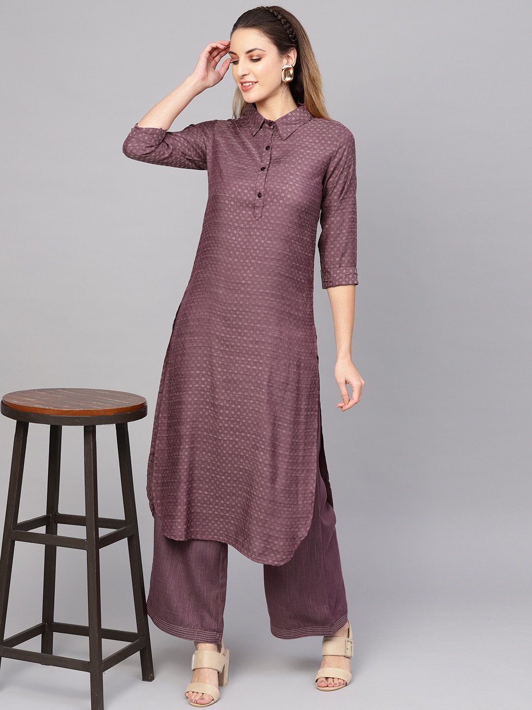 Women's  Burgundy Self Design Pathani Kurta