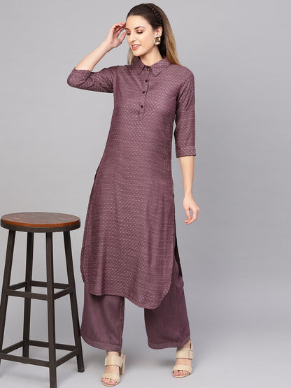 Women's  Burgundy Self Design Pathani Kurta