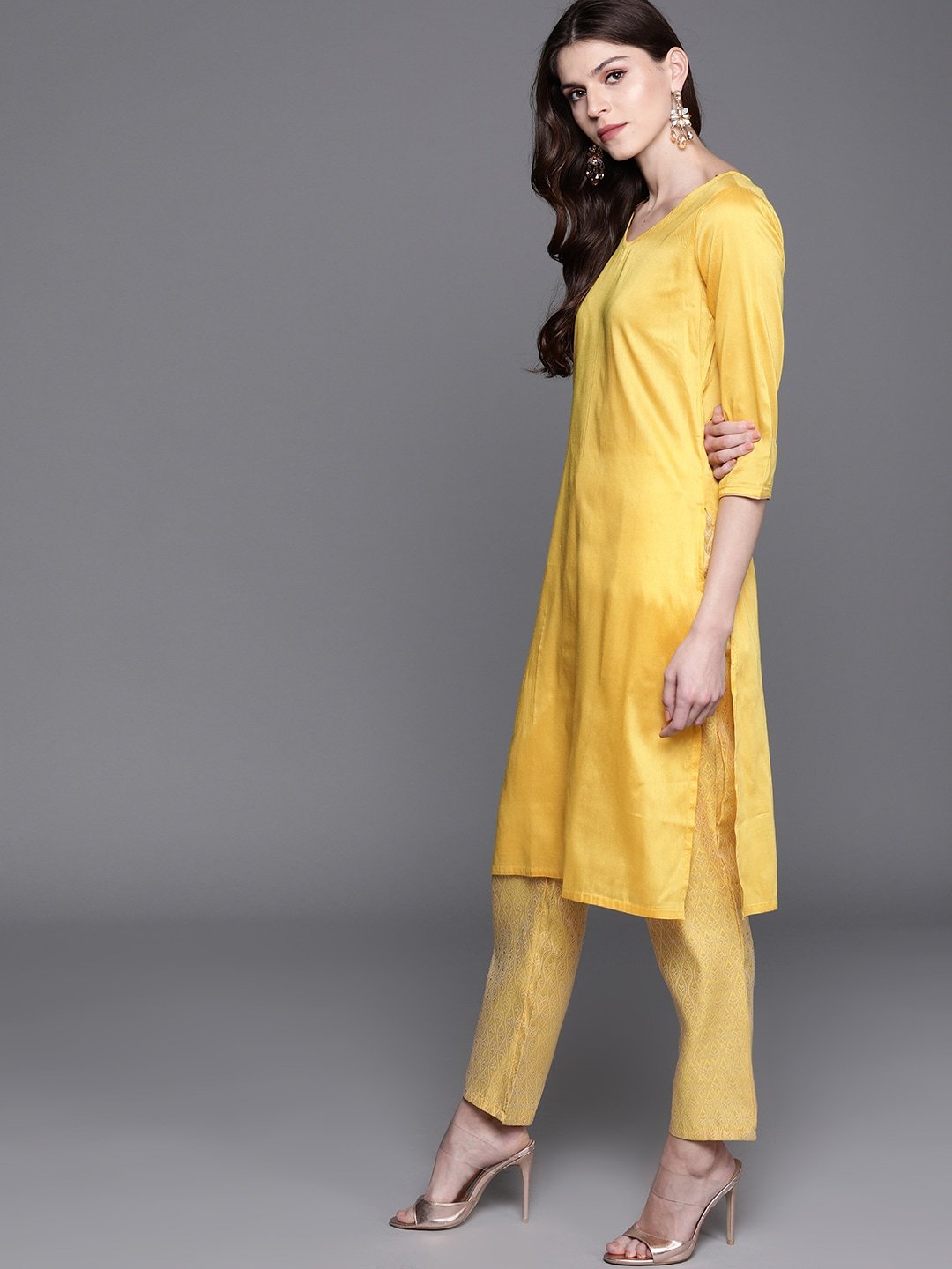Women's  Mustard Yellow & Golden Solid Kurta with Trousers