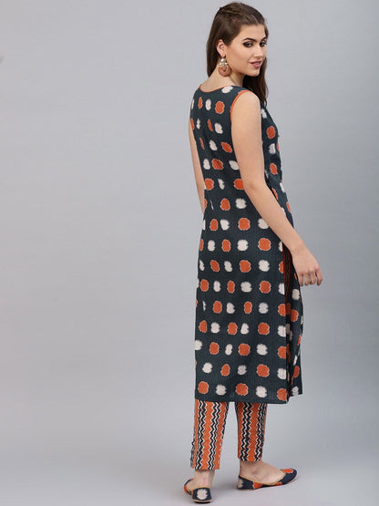 Women's  Navy Blue & Orange Printed Kurta with Trousers