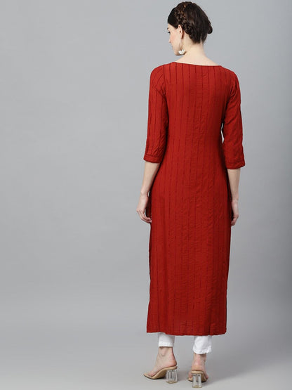 Women's  Red & Black Striped Straight Kurta