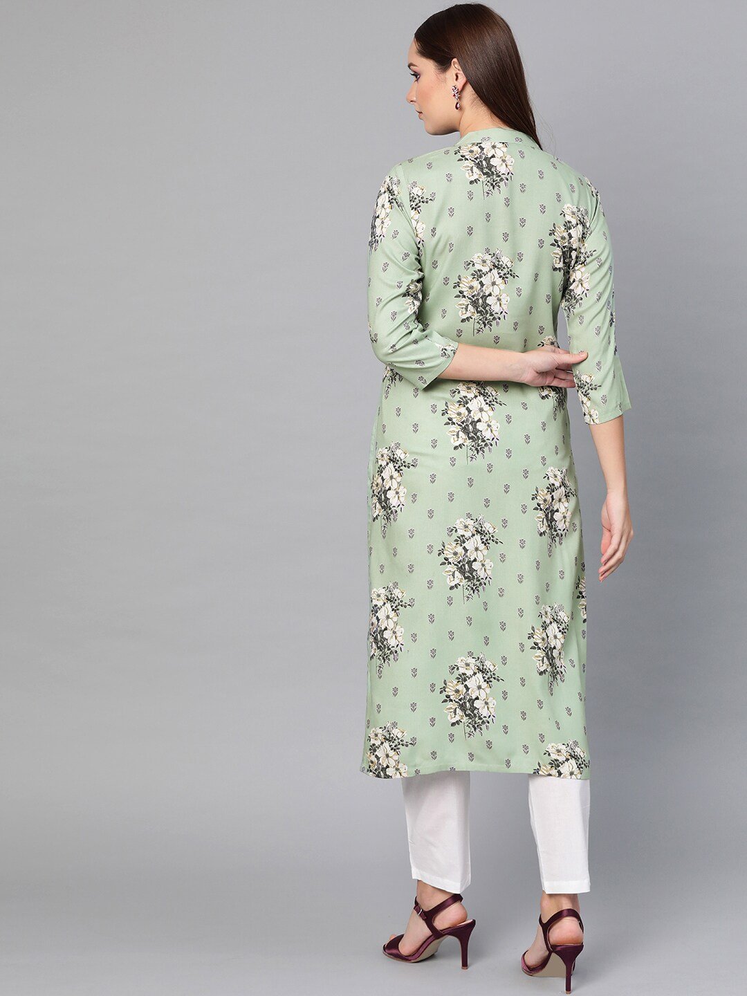 Women's  Green & Grey Floral Print Straight Kurta