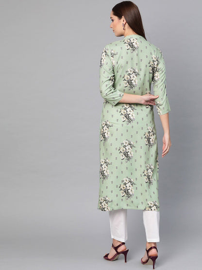 Women's  Green & Grey Floral Print Straight Kurta