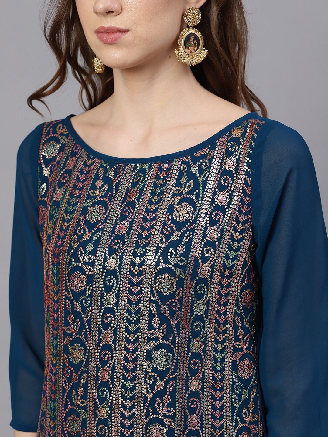 Women's  Navy Blue Printed Kurta with Palazzos
