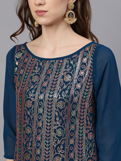 Women's  Navy Blue Printed Kurta with Palazzos