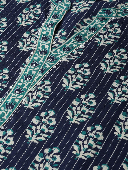 Women's  Navy Blue & Green Printed Kurta with Palazzos & Dupatta
