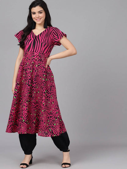Women's  Magenta & Brown Animal Printed Anarkali Kurta