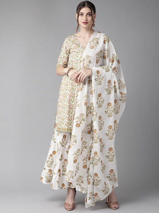 Women's  White & Olive Green Printed Kurta with Sharara & Dupatta