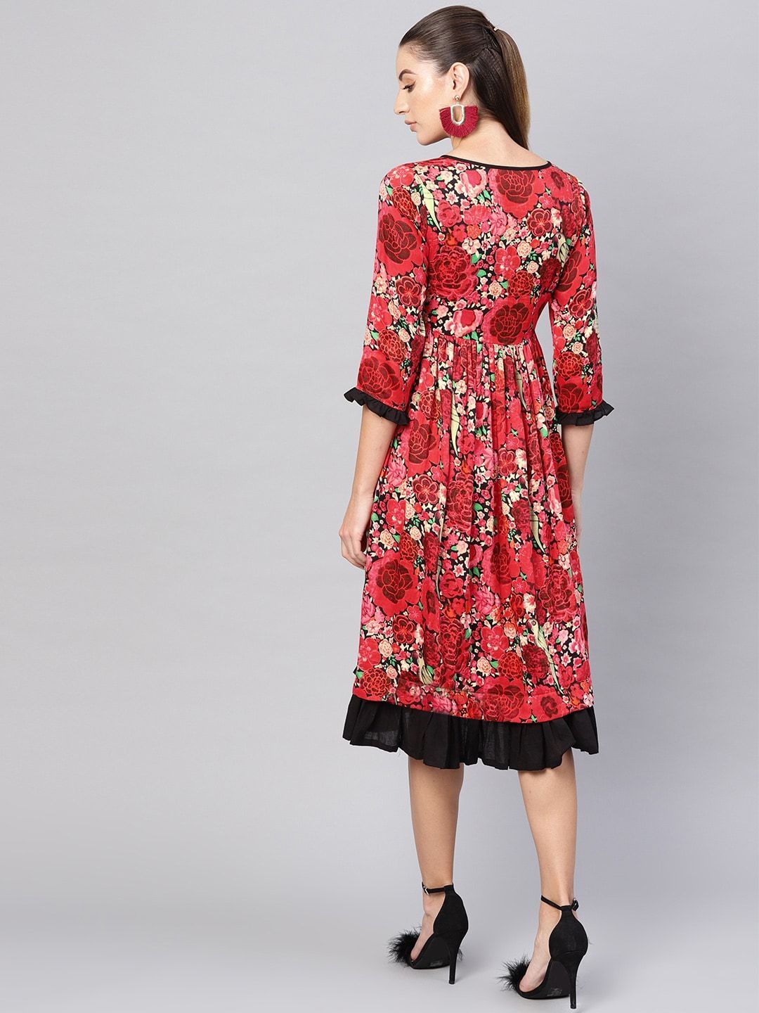 Women's  Red & Black Floral Print Midi A-Line Dress