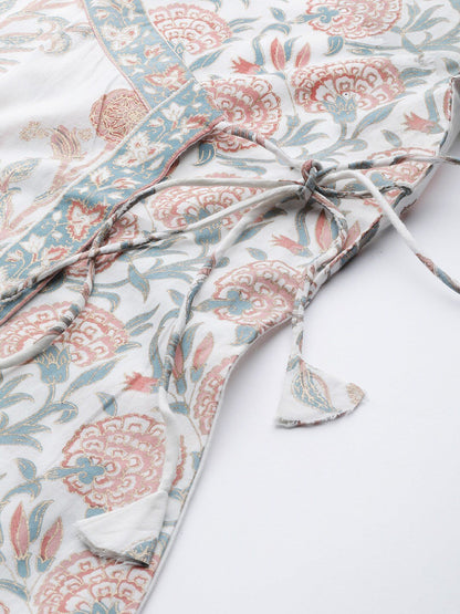 Women's  White & Rust Red Printed Angrakha Straight Kurta