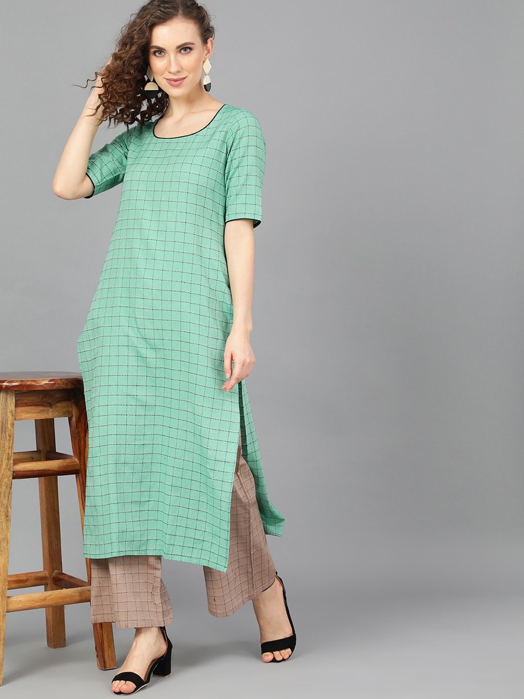 Women's  Green & Brown Checked Kurta with Palazzos