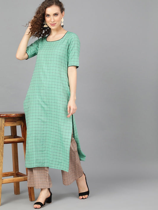 Women's  Green & Brown Checked Kurta with Palazzos