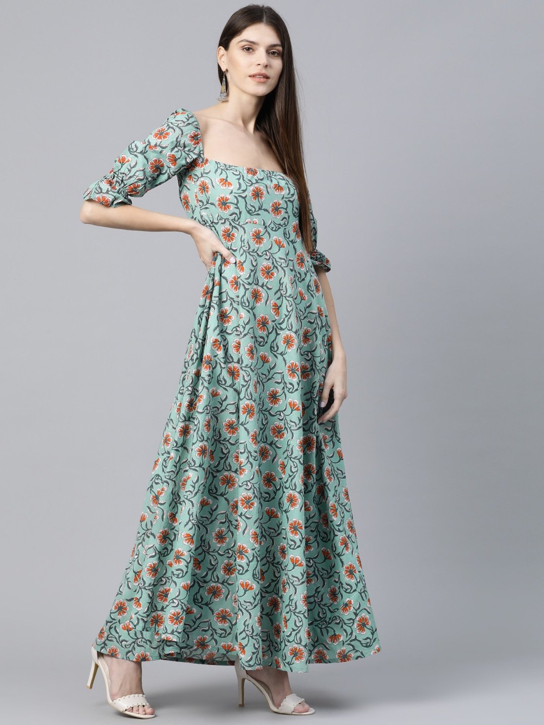 Women's  Green & Orange Printed Maxi Dress