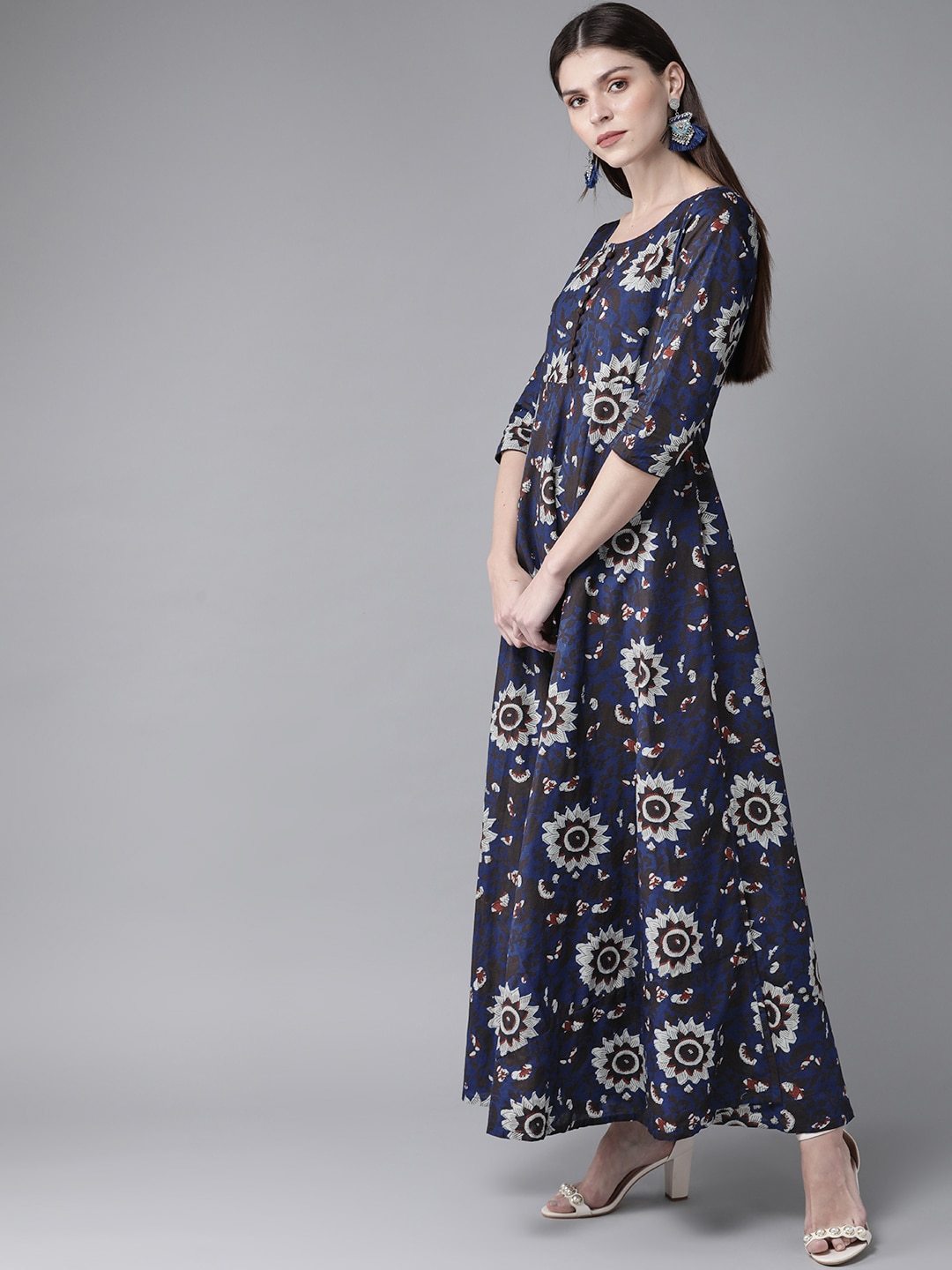 Women's  Navy Blue & Grey Printed Maxi Dress