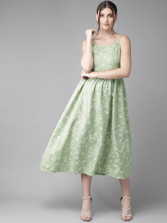 Women's  Green & White Khari Print A-Line Dress