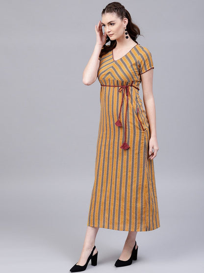 Women's  Mustard Yellow & Burgundy Striped Maxi Dress