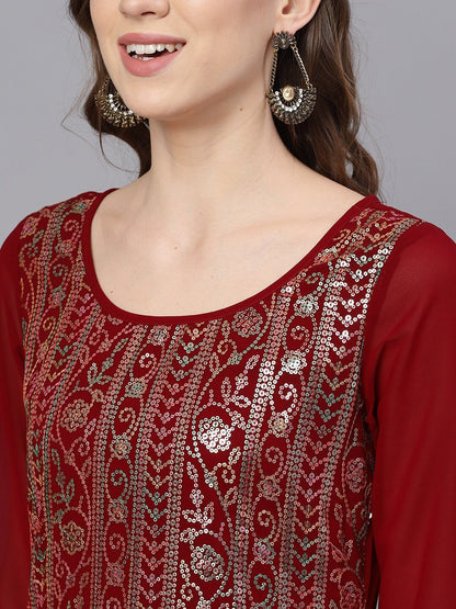 Women's  Maroon & Gold-Coloured Embroidered Kurta with Skirt & Dupatta