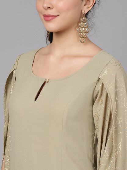 Women's  Taupe & Gold-Coloured Printed Straight Kurta