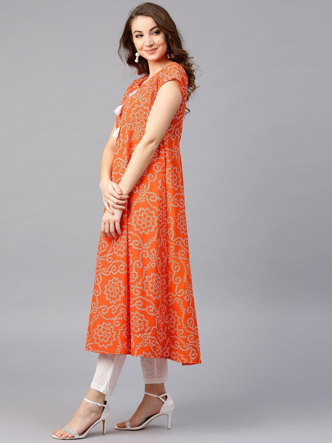 Women's  Orange & White Printed Anarkali Kurta
