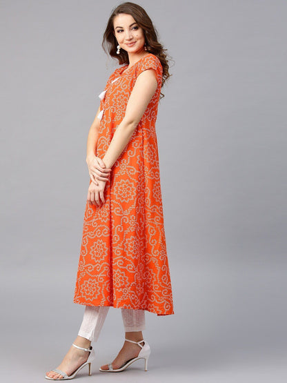 Women's  Orange & White Printed Anarkali Kurta