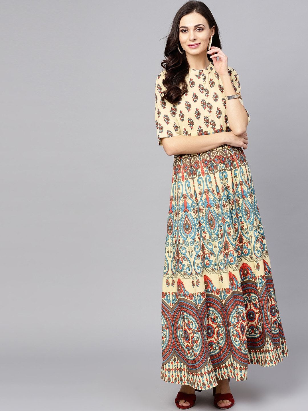 Women's  Cream-Coloured & Blue Printed Maxi Dress