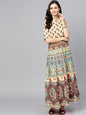 Women's  Cream-Coloured & Blue Printed Maxi Dress