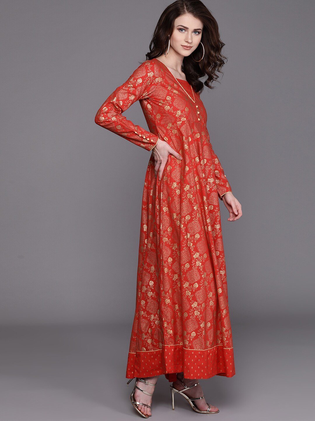 Women's  Red & Golden Printed Maxi Dress
