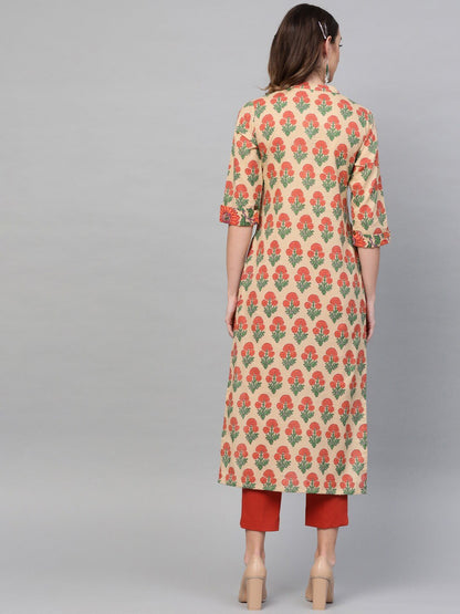 Women's  Beige & Orange Printed Straight Kurta
