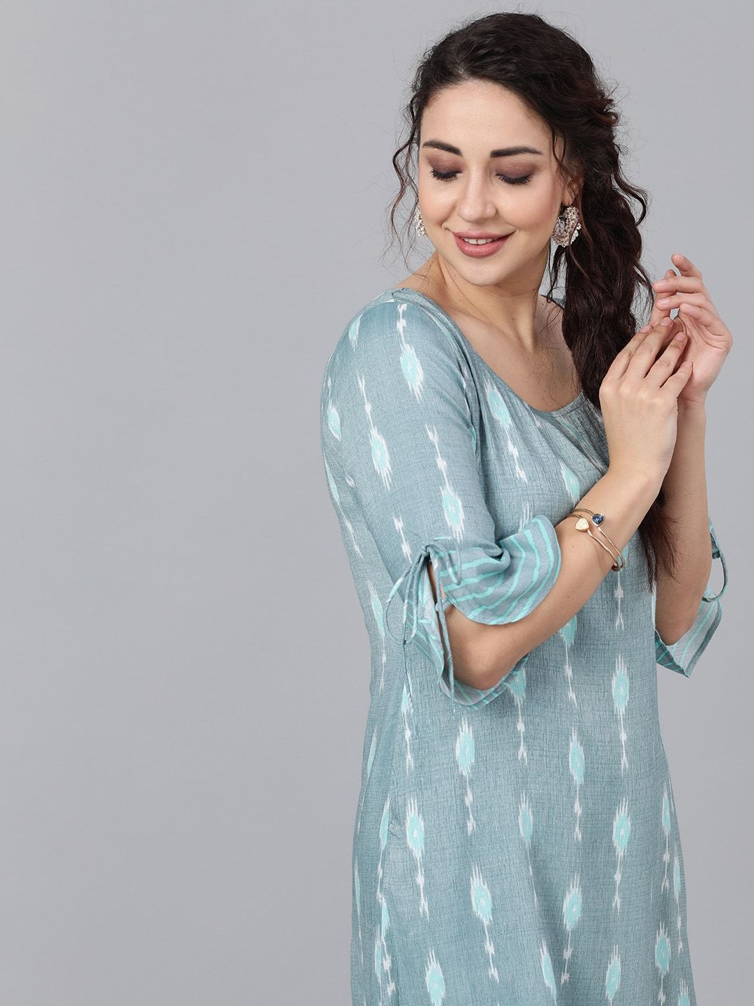 Women's  Grey & Sea Green Woven Design Kurta with Palazzos