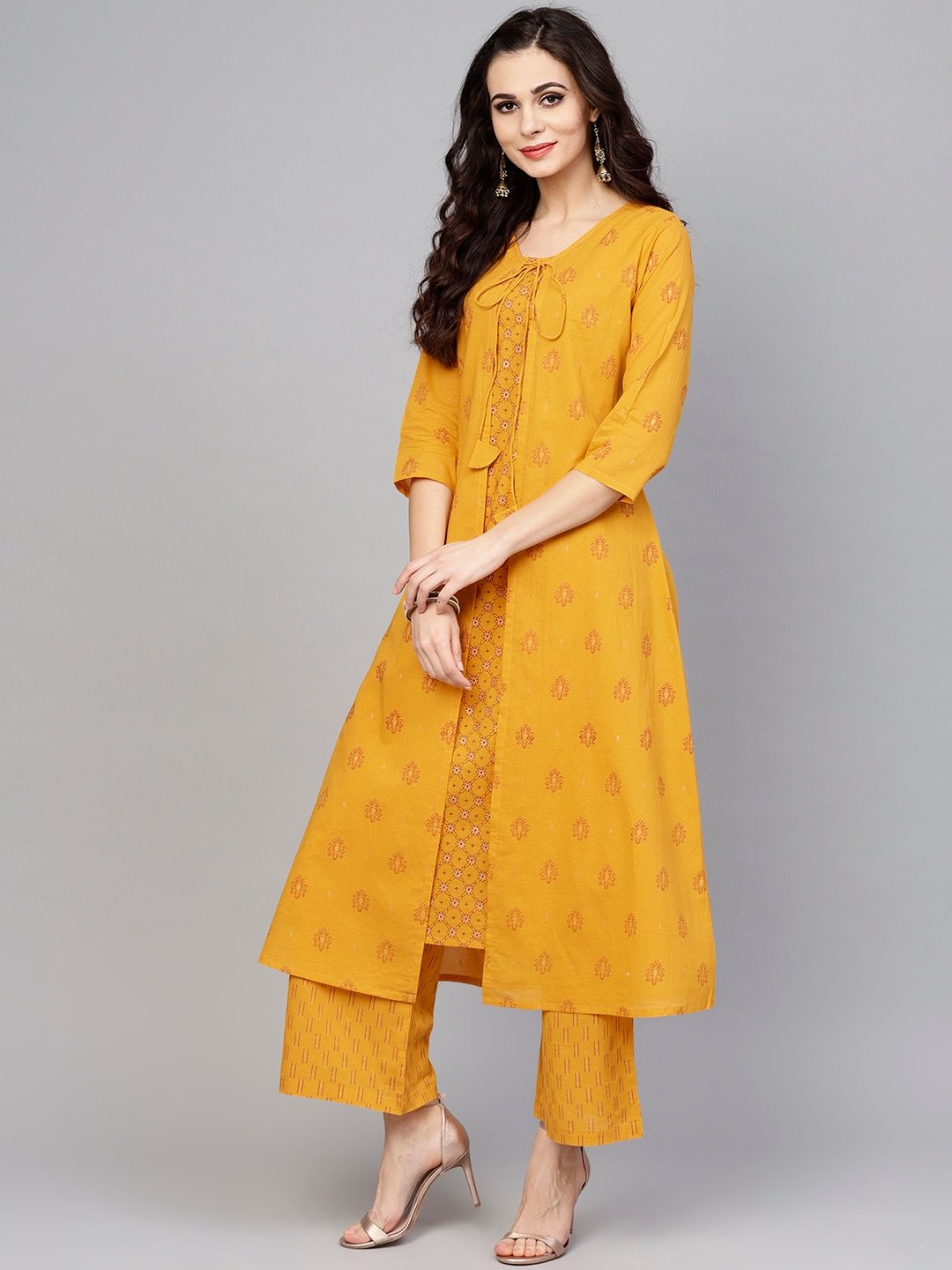 Women's  Mustard Yellow Printed Kurta with Palazzos